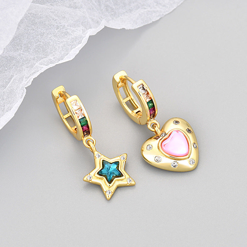 Aretes asimétricos corazón y estrella con diamantes - 7
