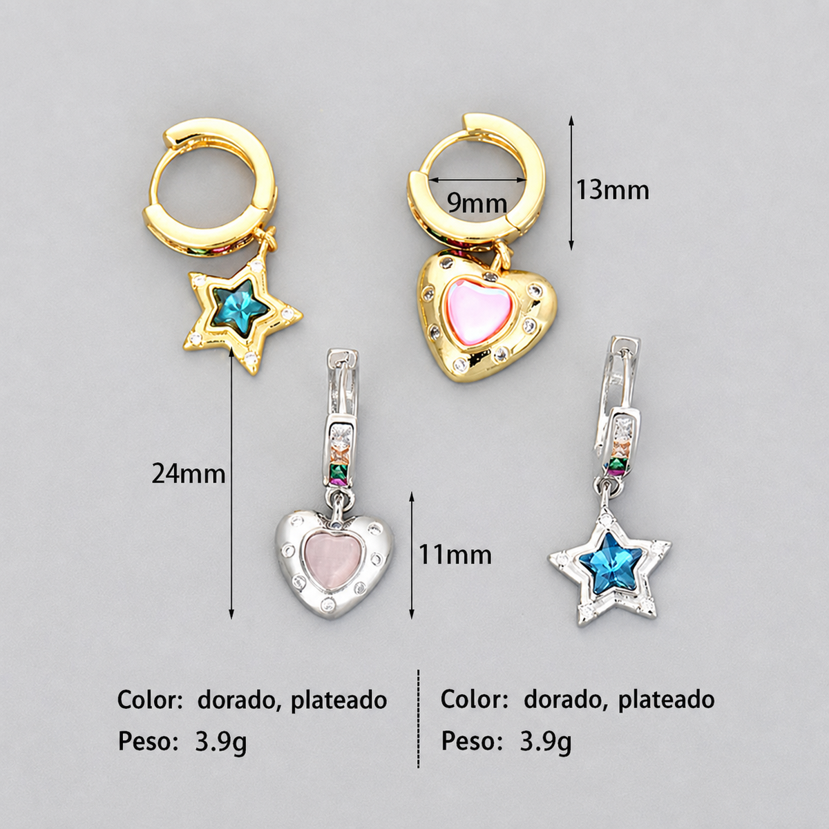 Aretes asimétricos corazón y estrella con diamantes - 8