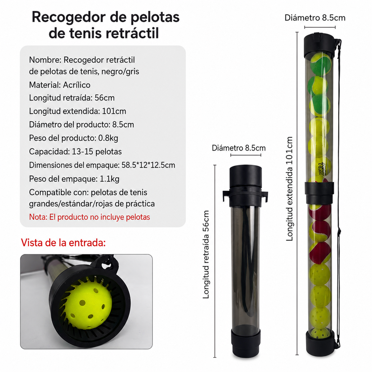 Recogedor de pelotas de tenis retráctil