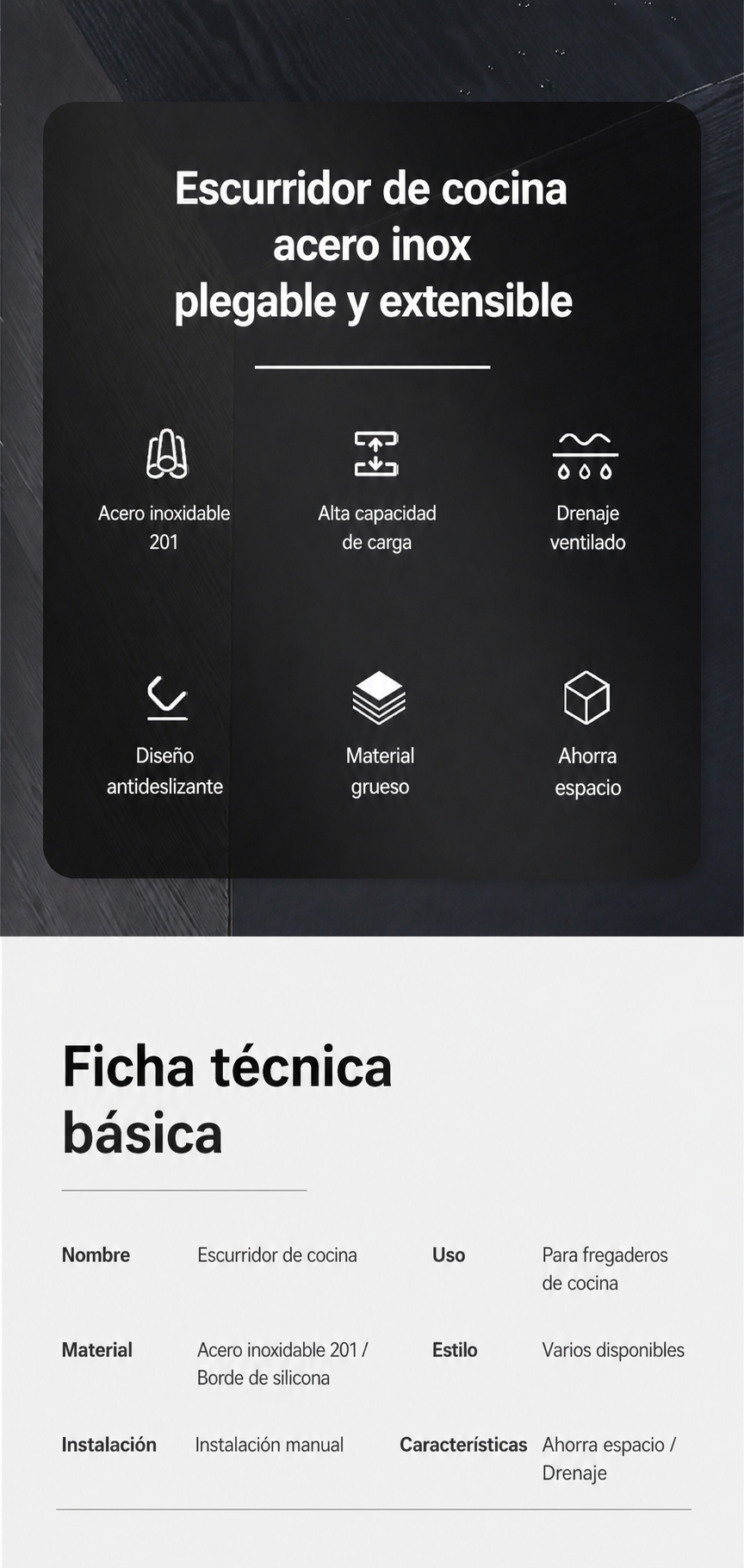 Escurridor de cocina acero inox plegable y extensible - 7