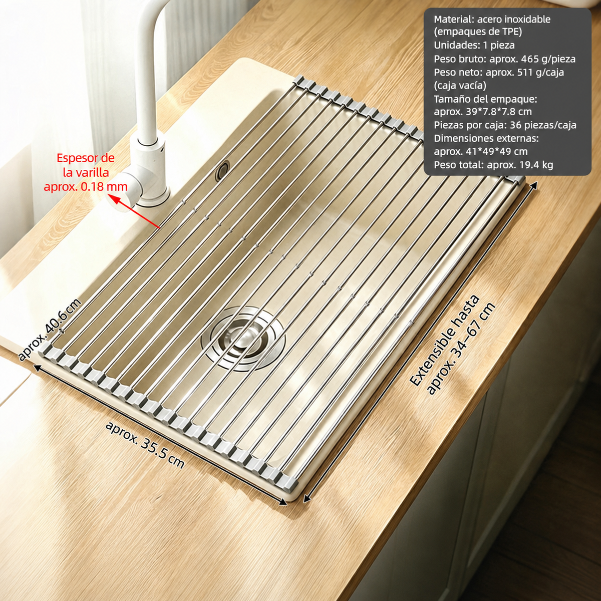 Escurridor de cocina acero inox plegable y extensible