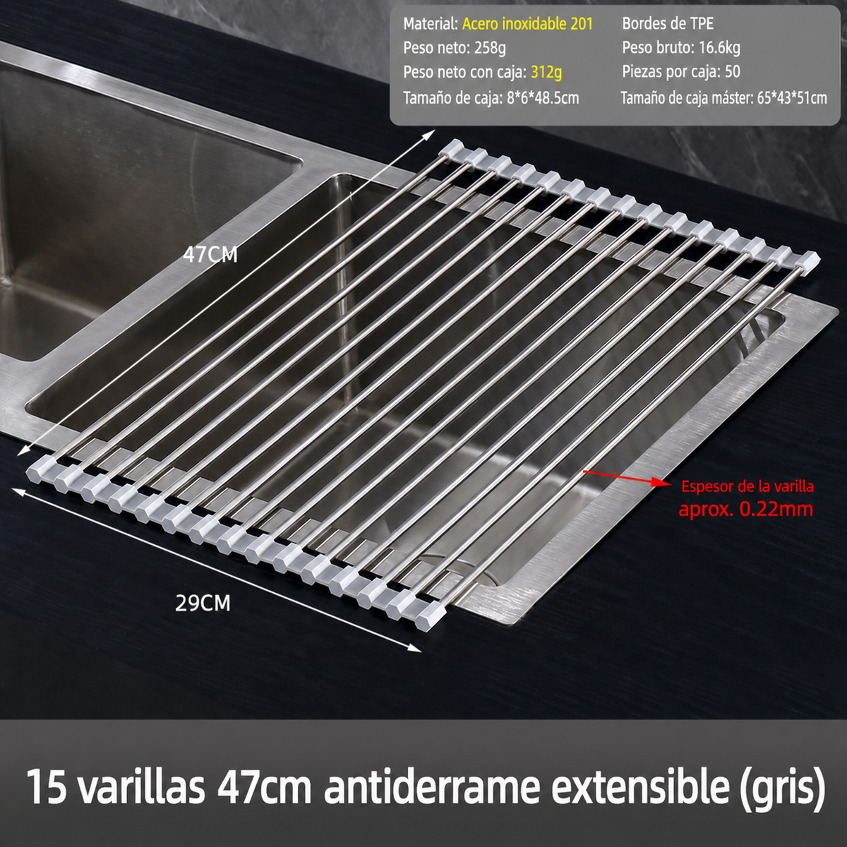 Escurridor de cocina acero inox plegable y extensible