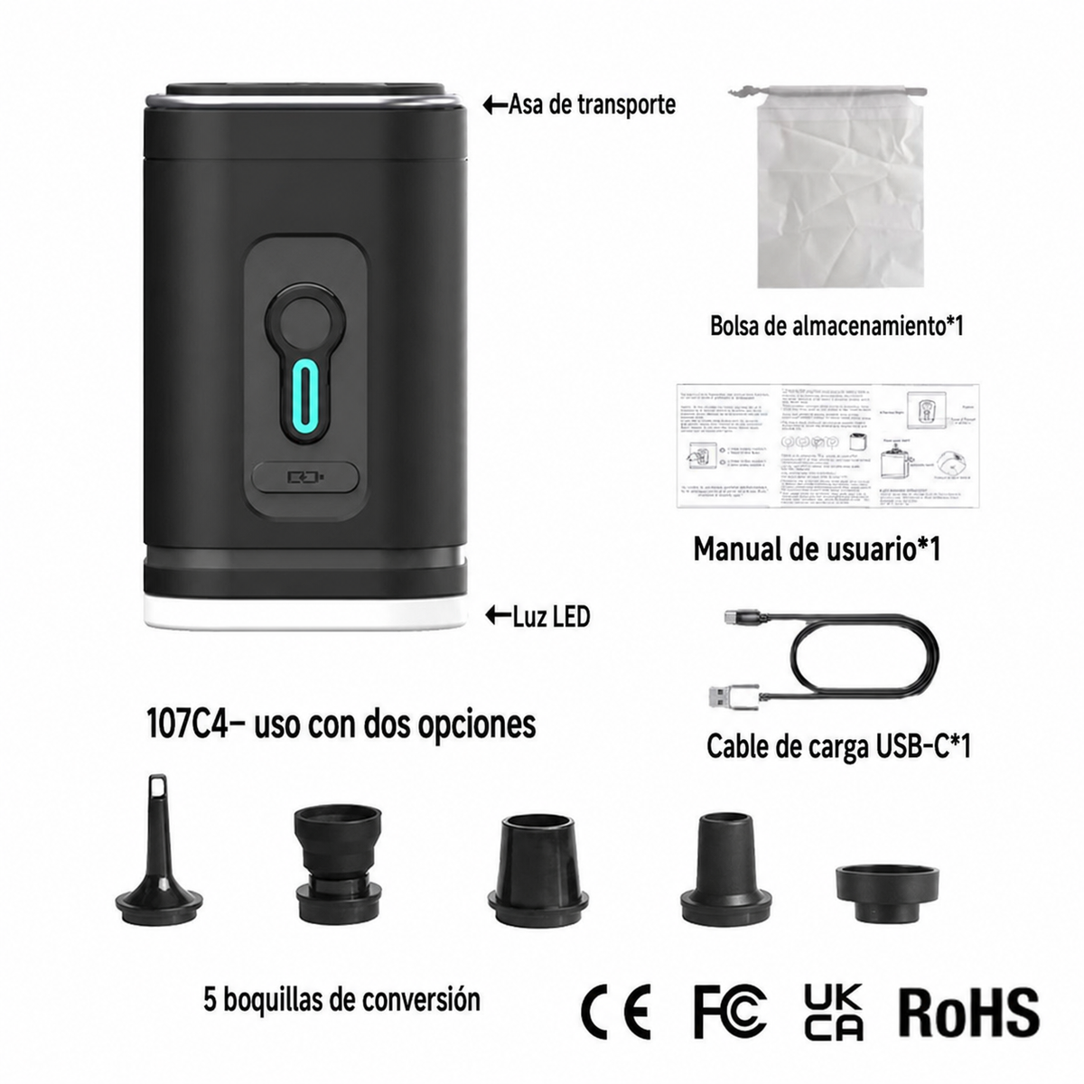 Bomba de Aire Inalámbrica USB para Camping