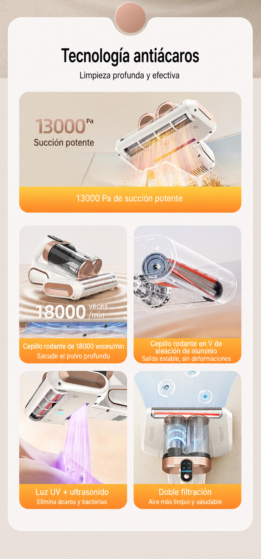 Aspiradora anti-ácaros UV con cepillo rodante inalámbrica - 9