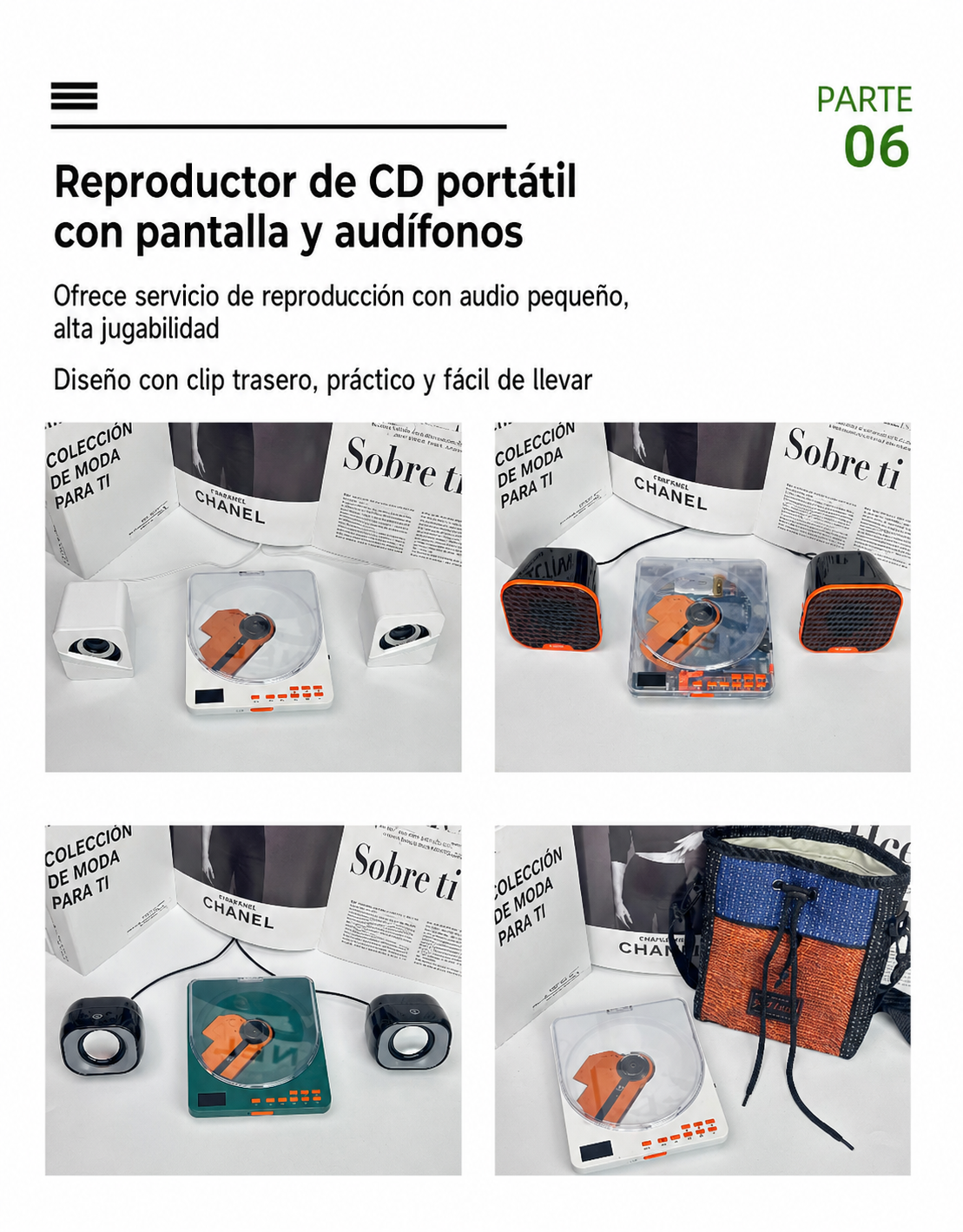 Reproductor de CD portátil con pantalla y audífonos - 16