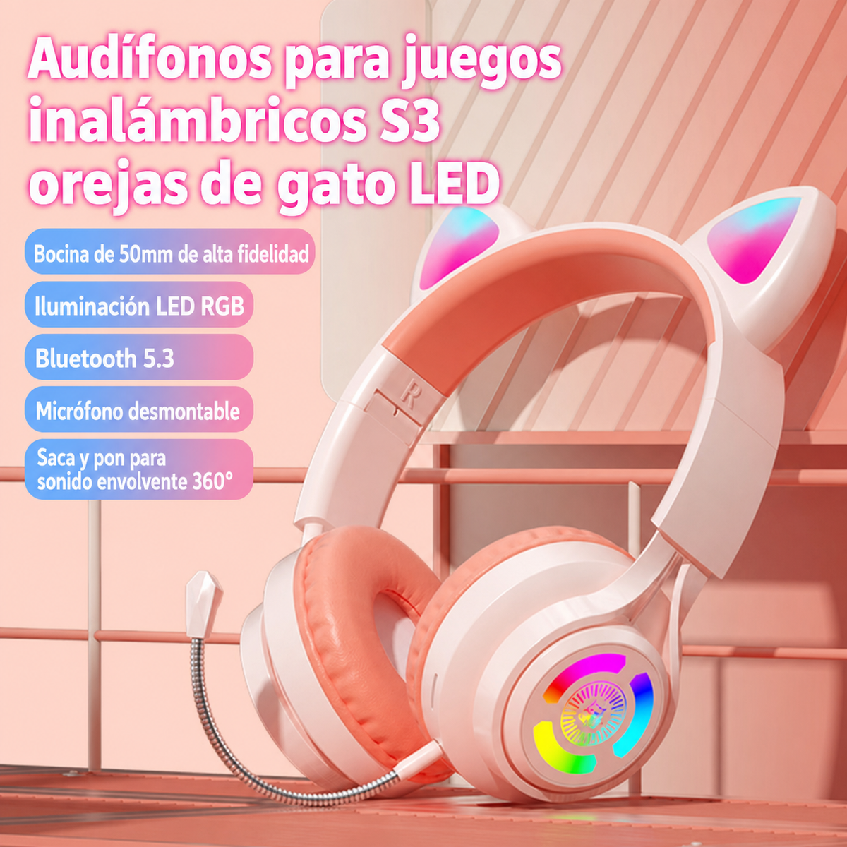 Audífonos Gamer Inalámbricos S3 Orejas de Gato LED - 2