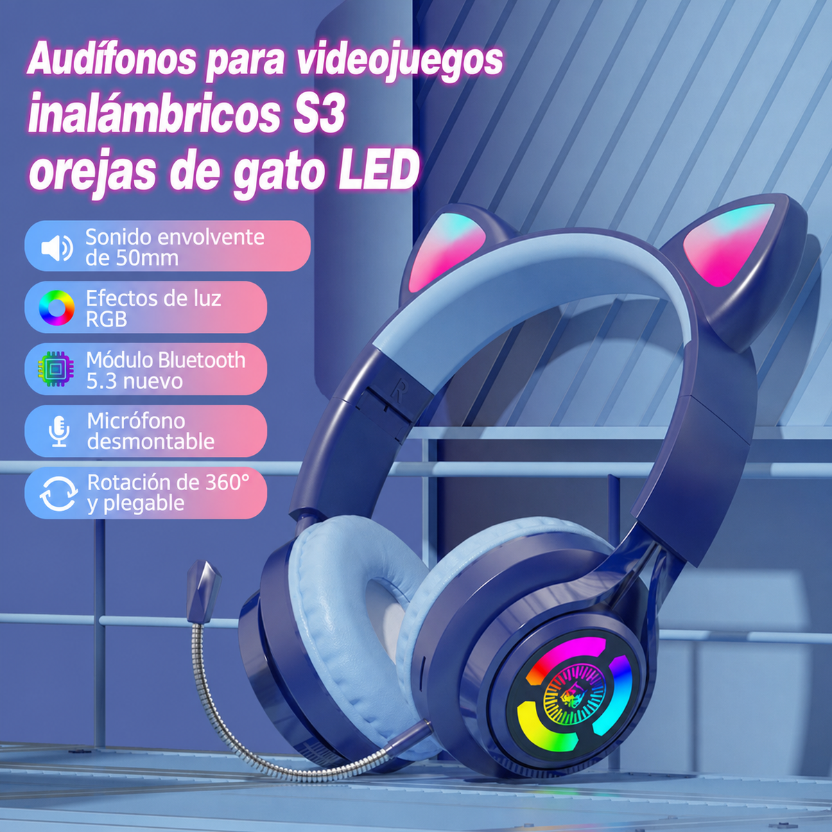 Audífonos Gamer Inalámbricos S3 Orejas de Gato LED - 4