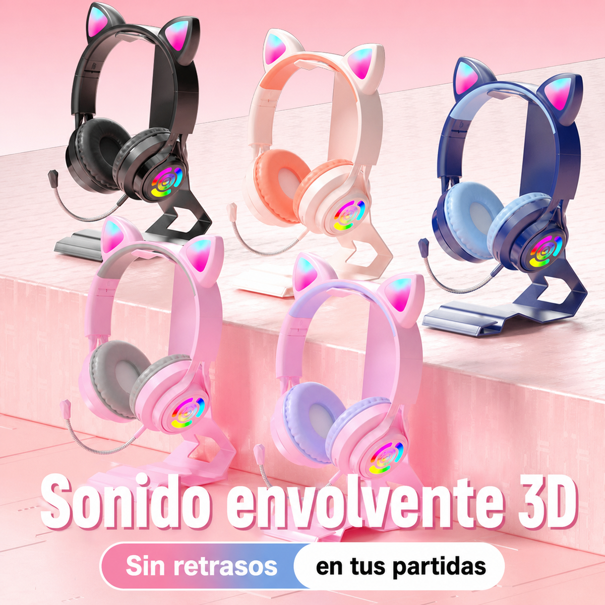 Audífonos Gamer Inalámbricos S3 Orejas de Gato LED - 1