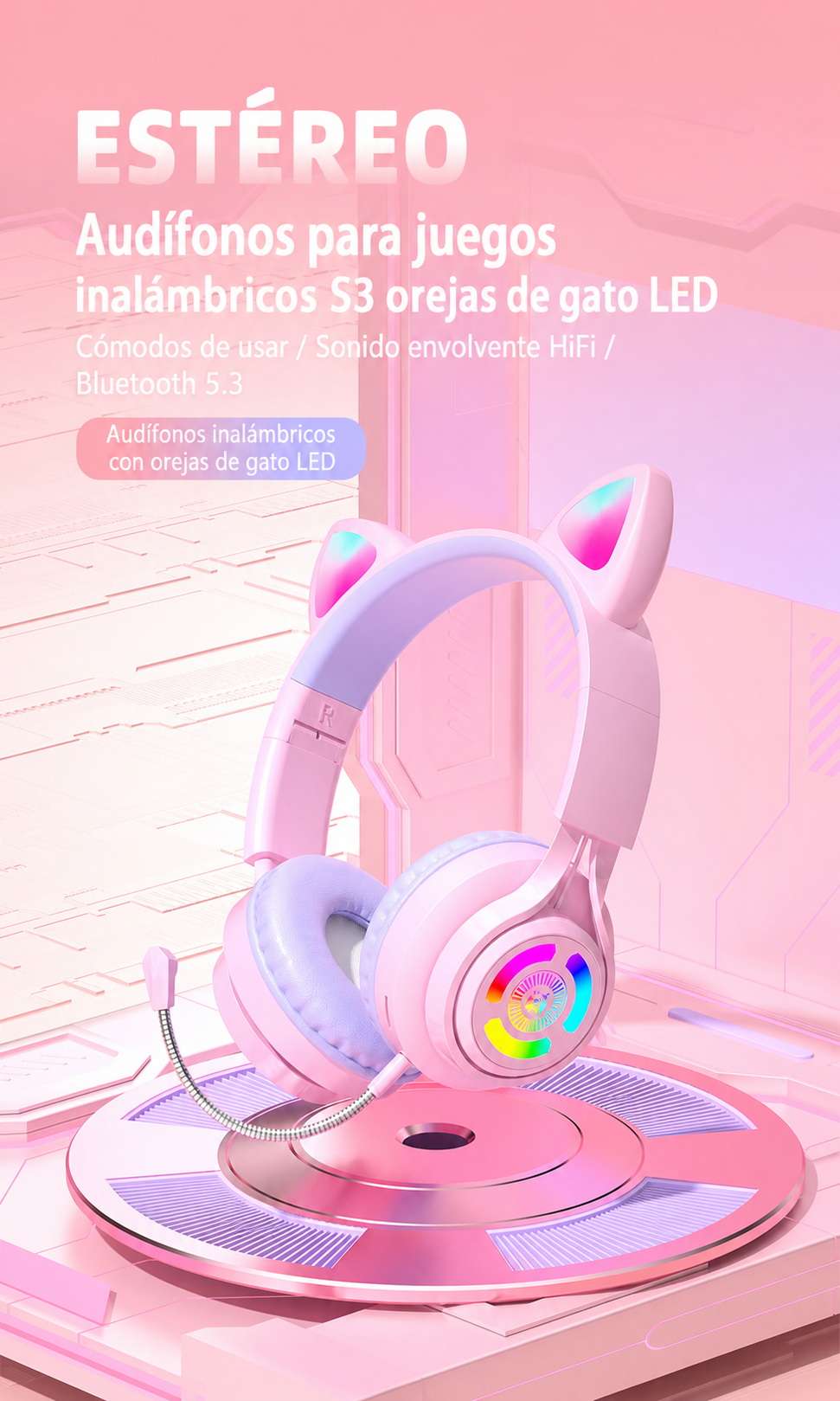 Audífonos Gamer Inalámbricos S3 Orejas de Gato LED - 10