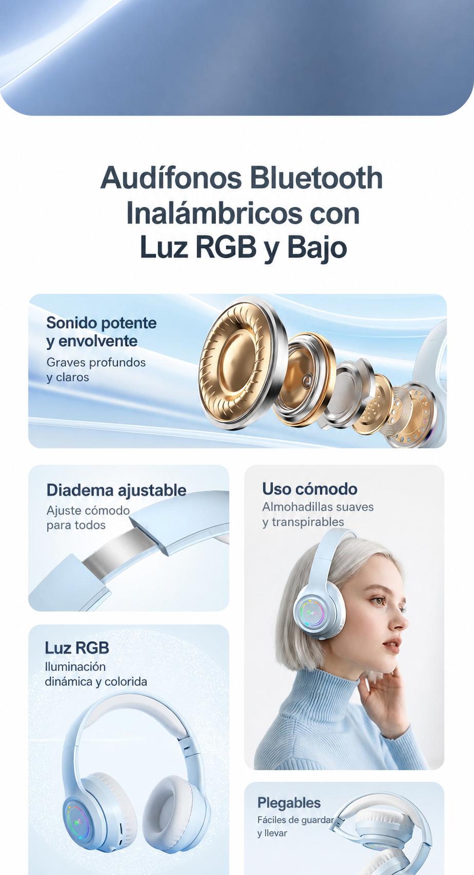 Audífonos Bluetooth Inalámbricos Diadema con Luz RGB - 14