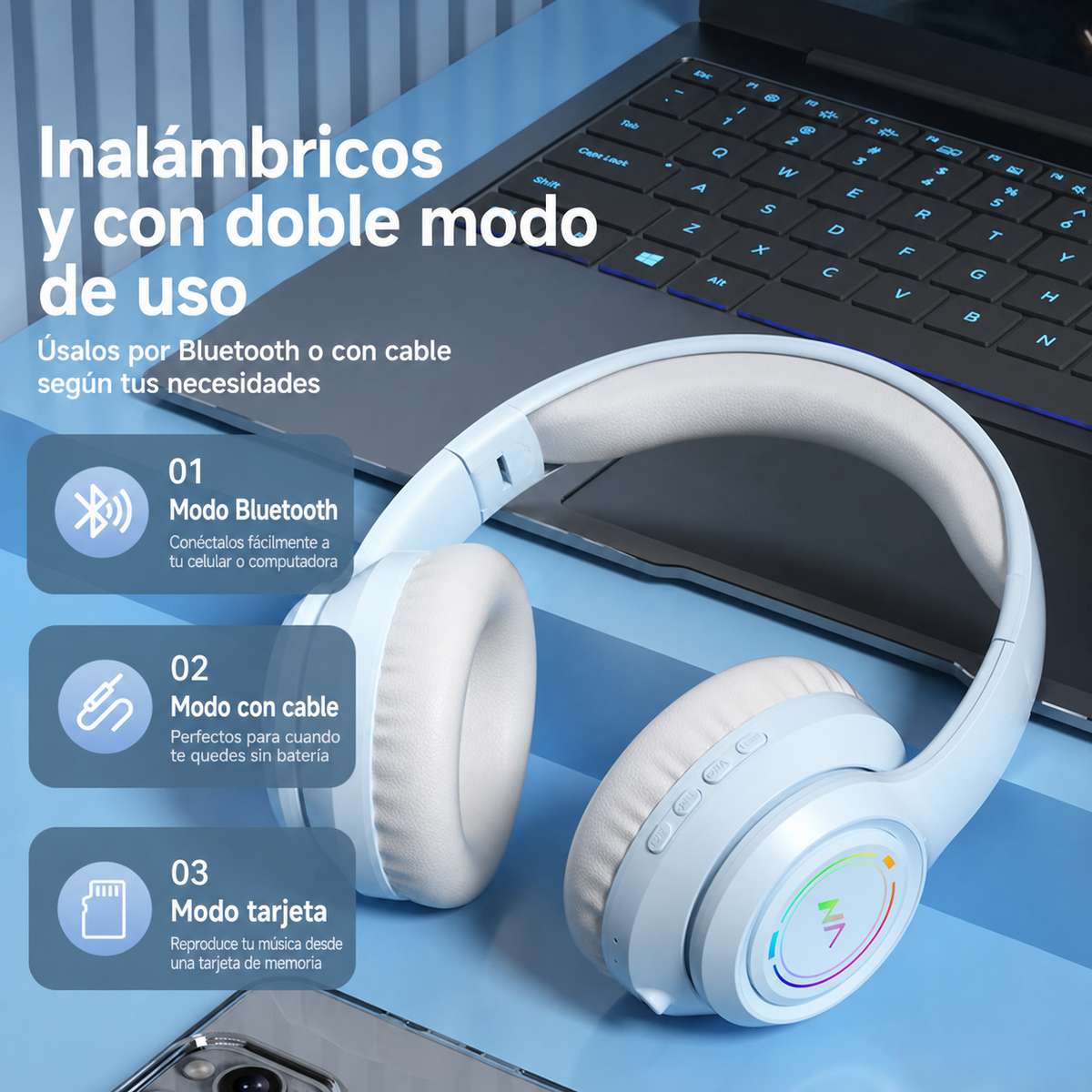 Audífonos Bluetooth Inalámbricos Diadema con Luz RGB - 4