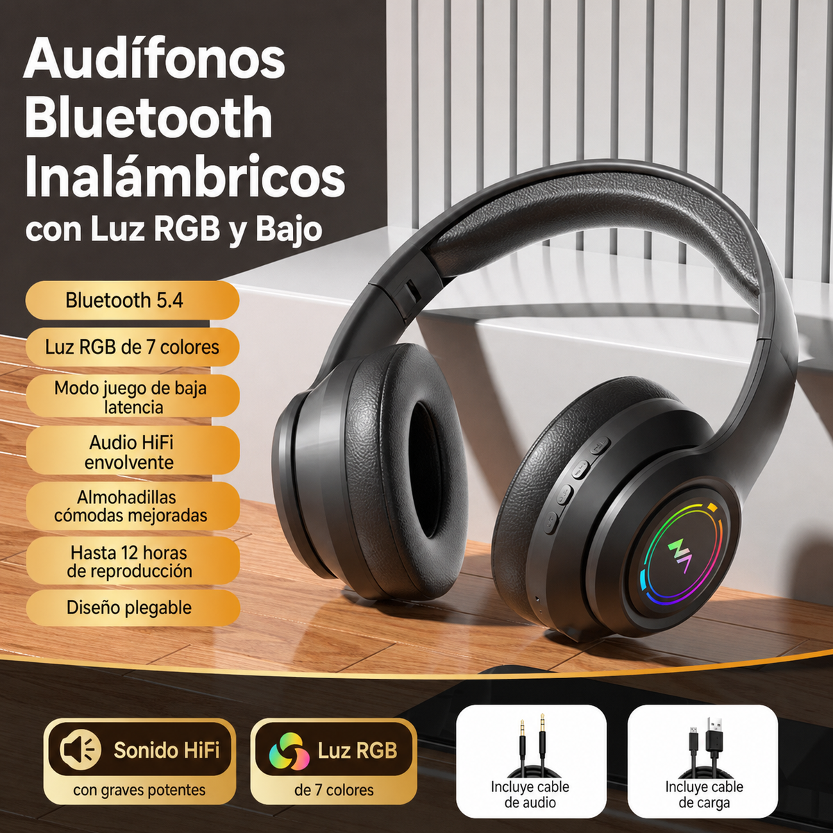 Audífonos Bluetooth Inalámbricos Diadema con Luz RGB - 6