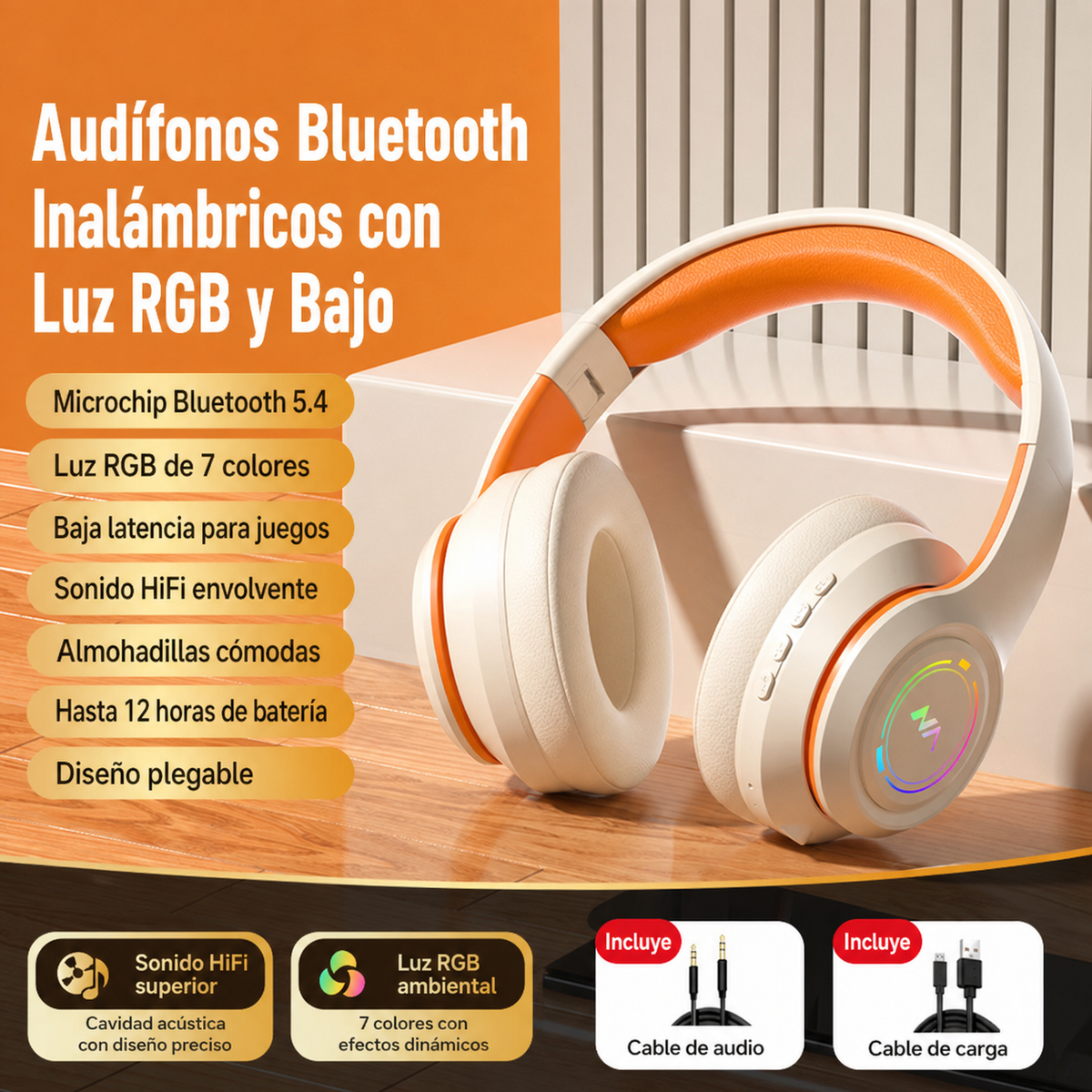 Audífonos Bluetooth Inalámbricos Diadema con Luz RGB - 7
