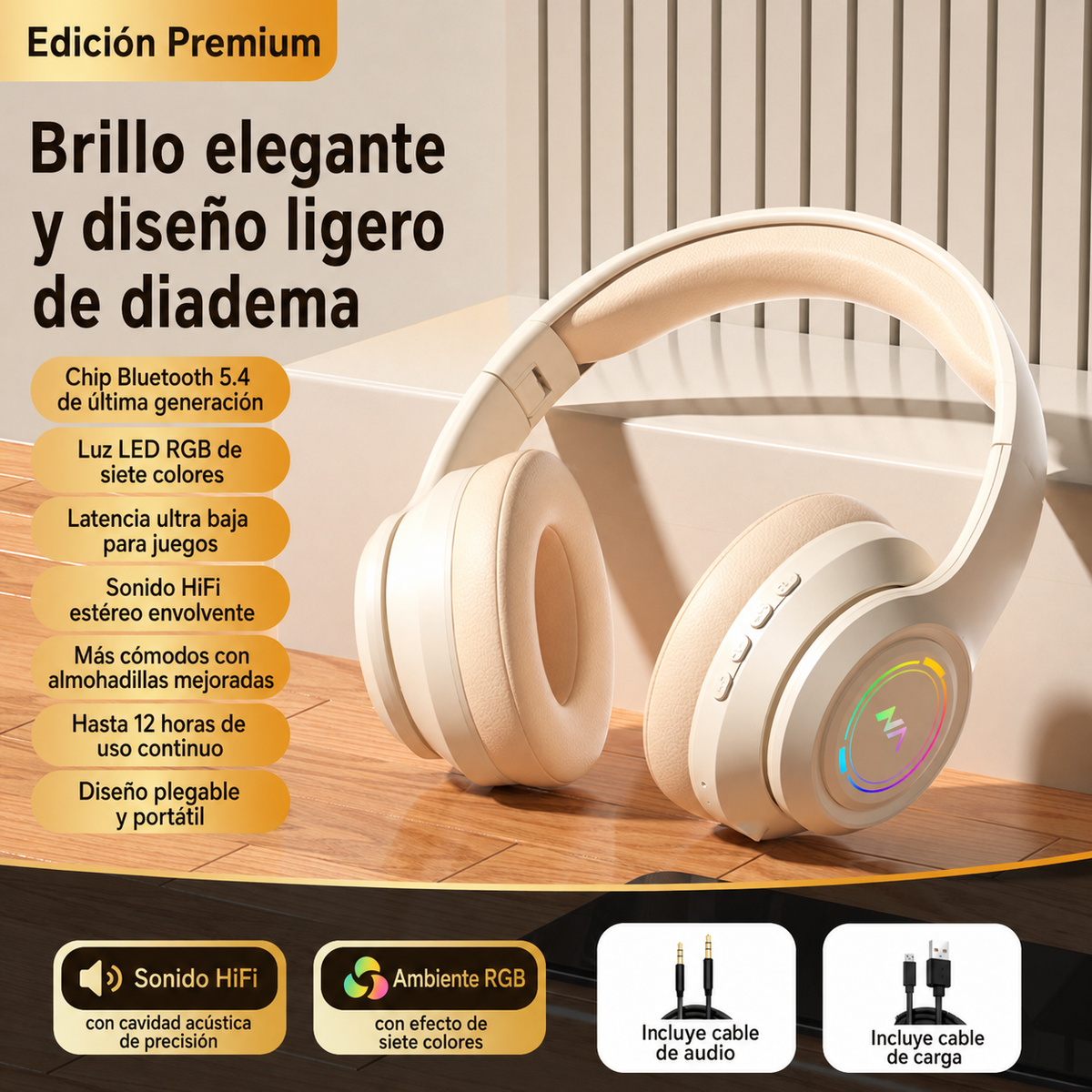 Audífonos Bluetooth Inalámbricos Diadema con Luz RGB - 8