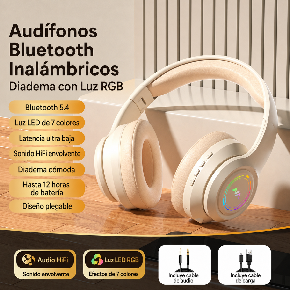 Audífonos Bluetooth Inalámbricos Diadema con Luz RGB - 9