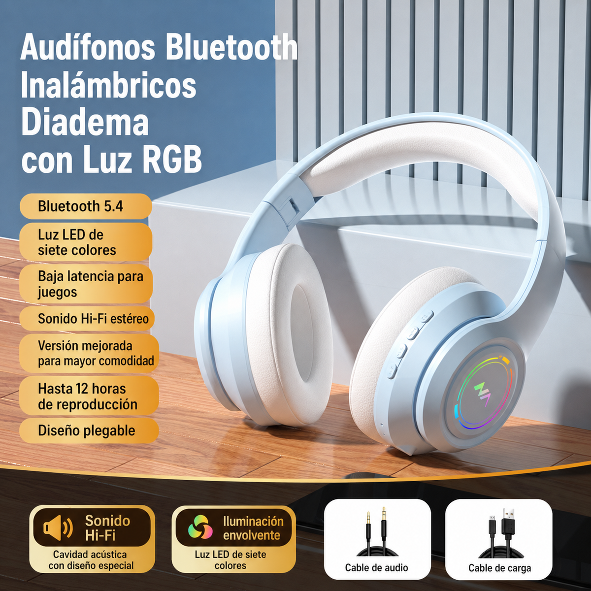 Audífonos Bluetooth Inalámbricos Diadema con Luz RGB - 10