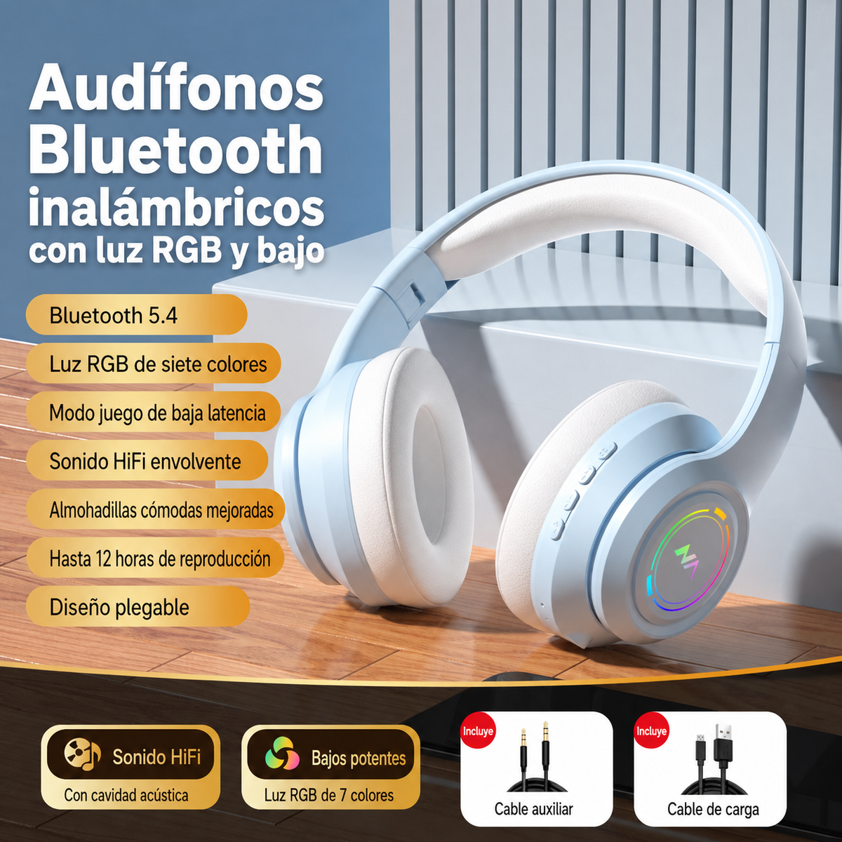 Audífonos Bluetooth Inalámbricos Diadema con Luz RGB - 11