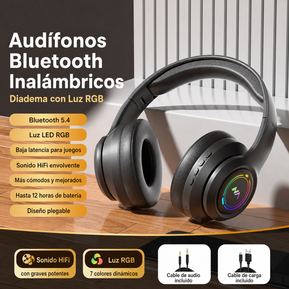 Audífonos Bluetooth Inalámbricos Diadema con Luz RGB