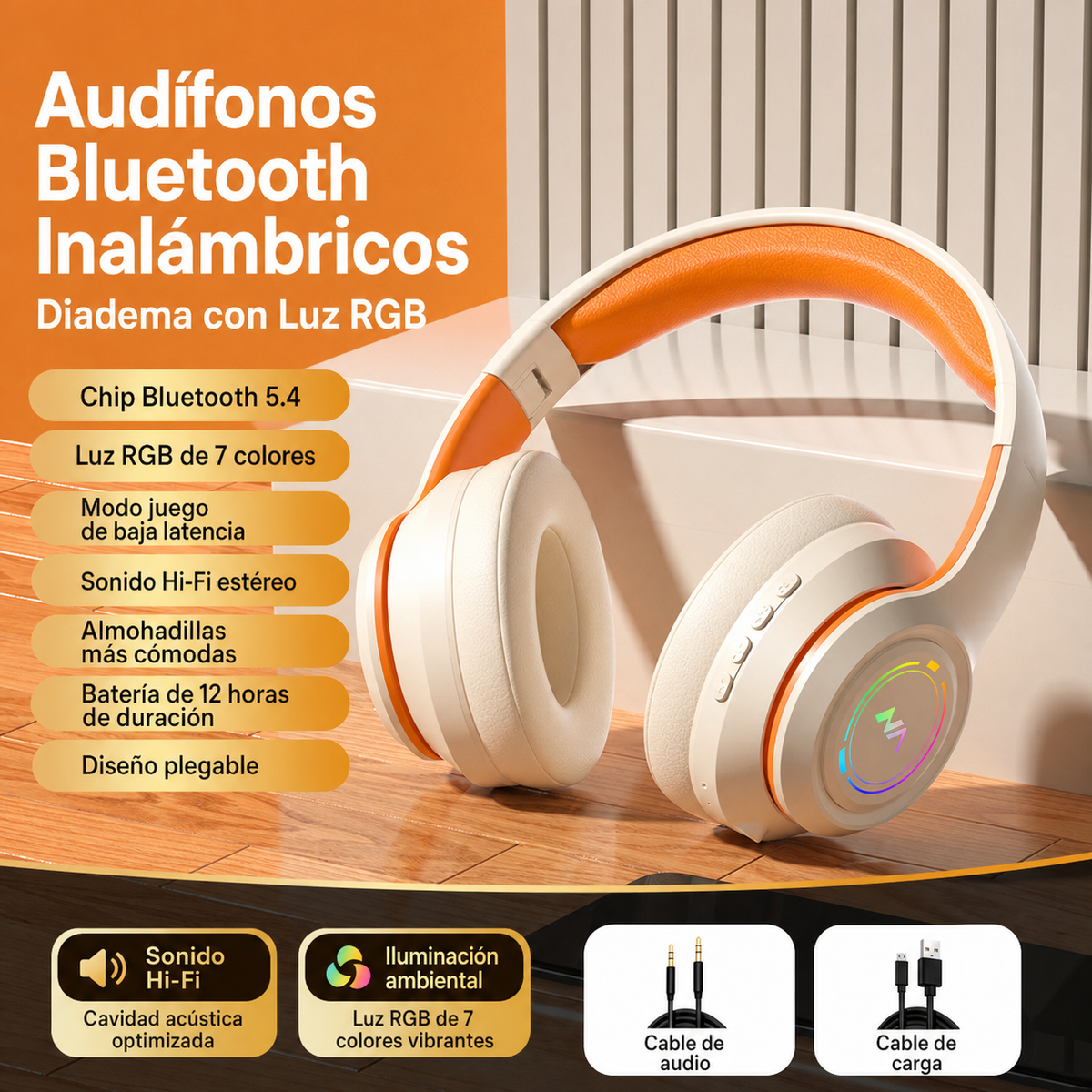 Audífonos Bluetooth Inalámbricos Diadema con Luz RGB