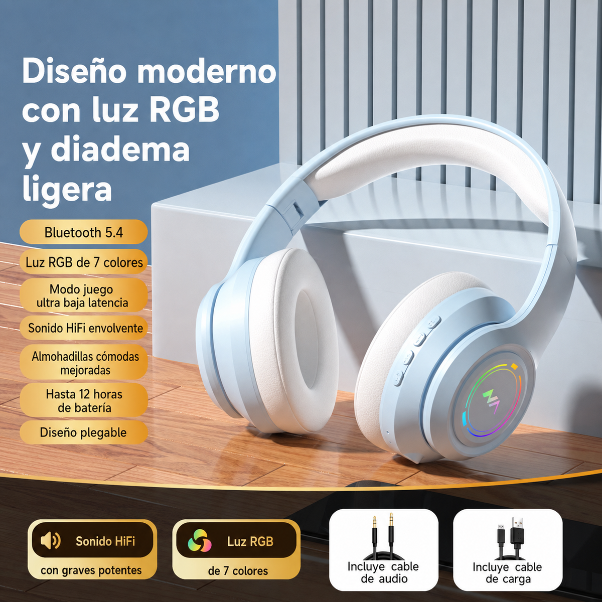 Audífonos Bluetooth Inalámbricos Diadema con Luz RGB