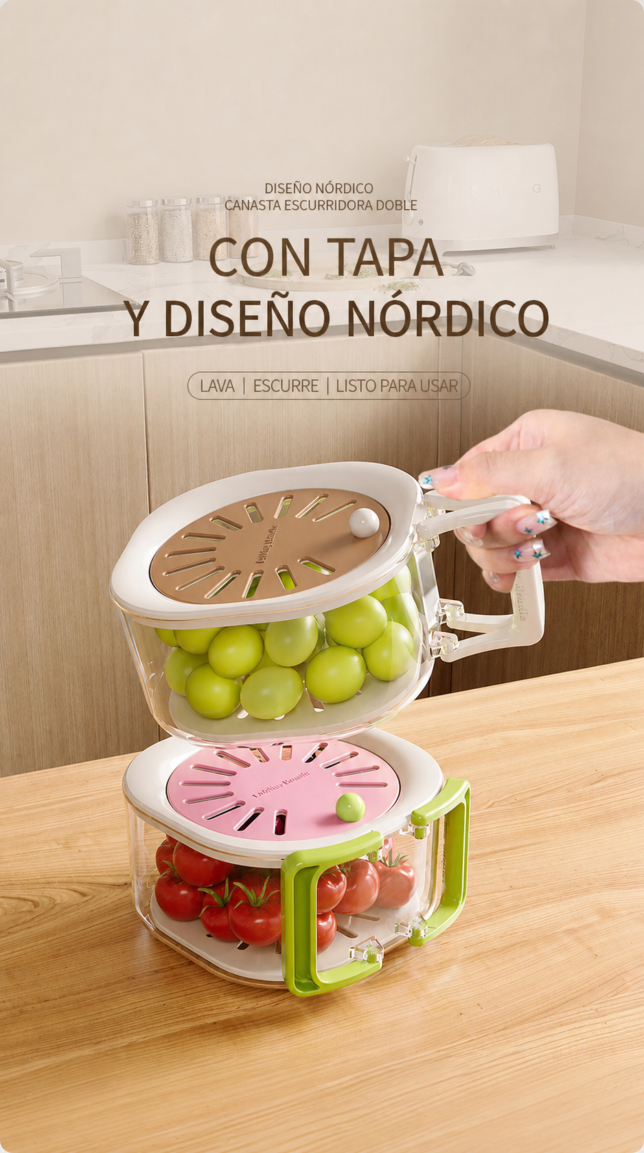 Canasta escurridora doble con tapa - 9