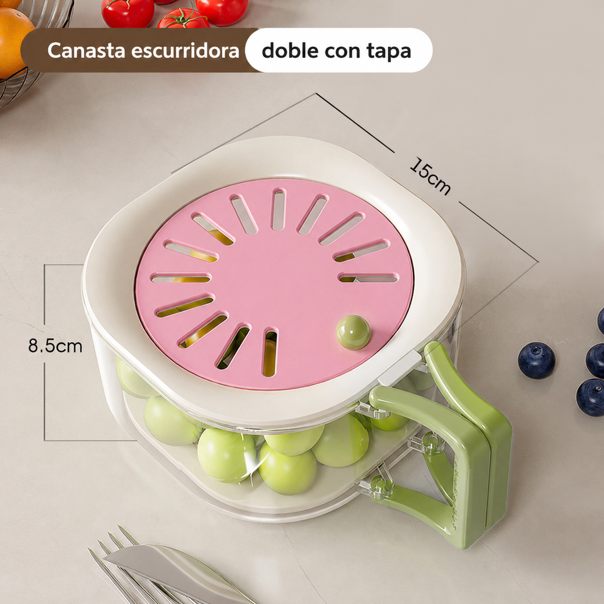 Canasta escurridora doble con tapa