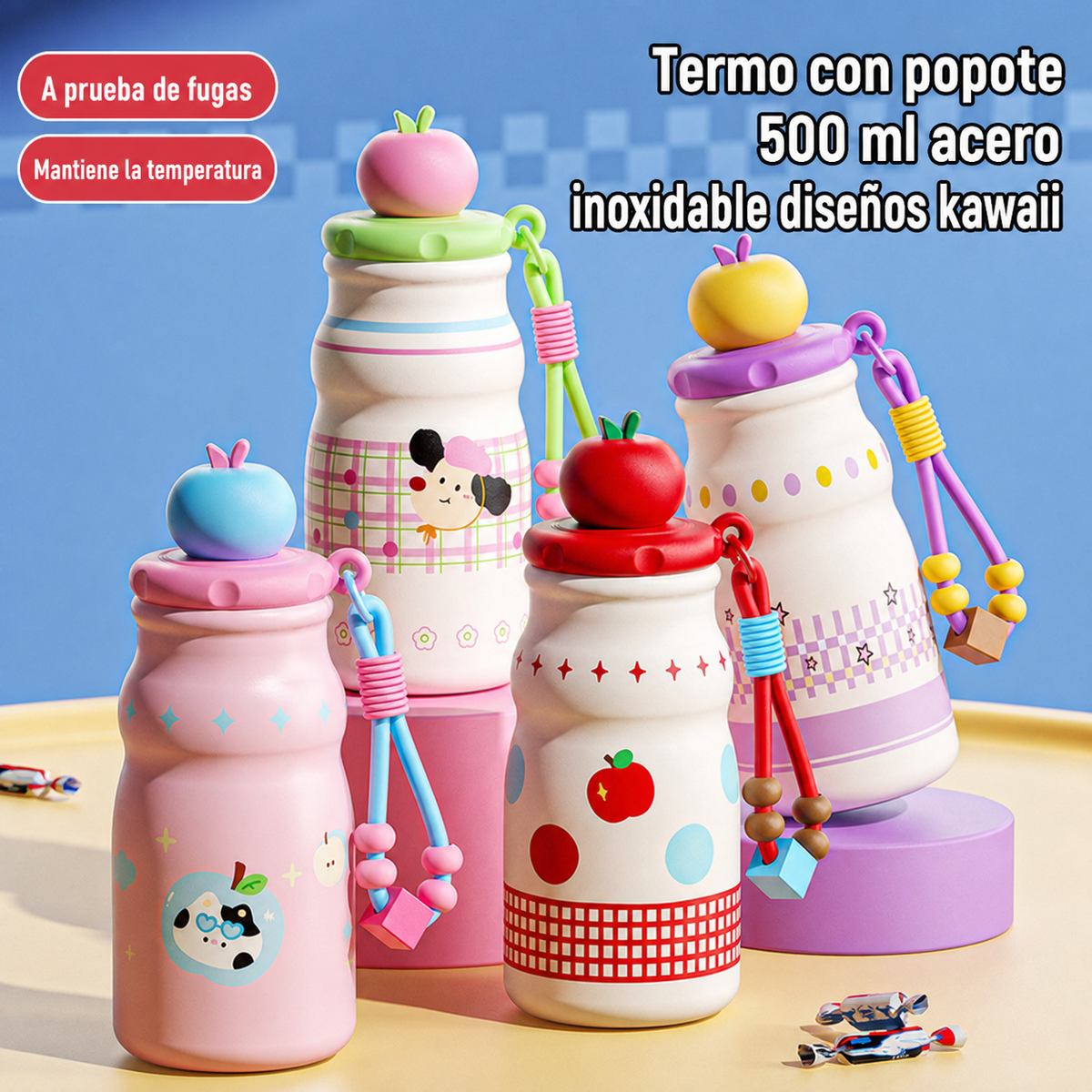 Termo con popote 500 ml acero inoxidable diseños kawaii - 1