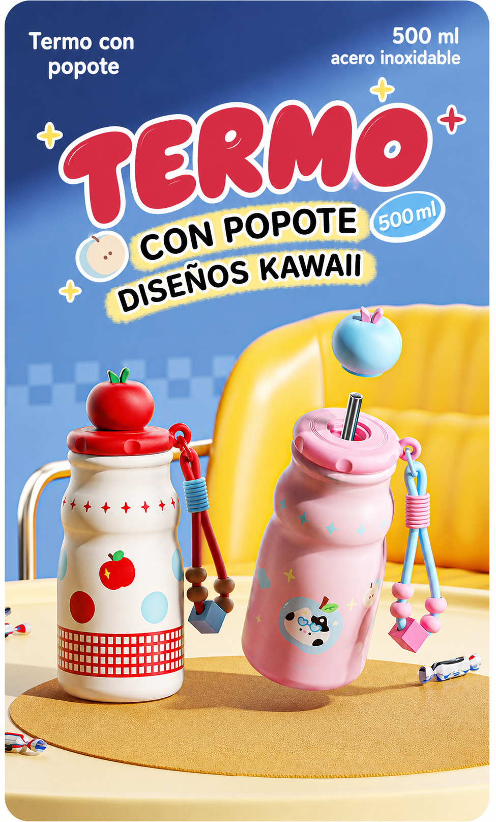 Termo con popote 500 ml acero inoxidable diseños kawaii - 10