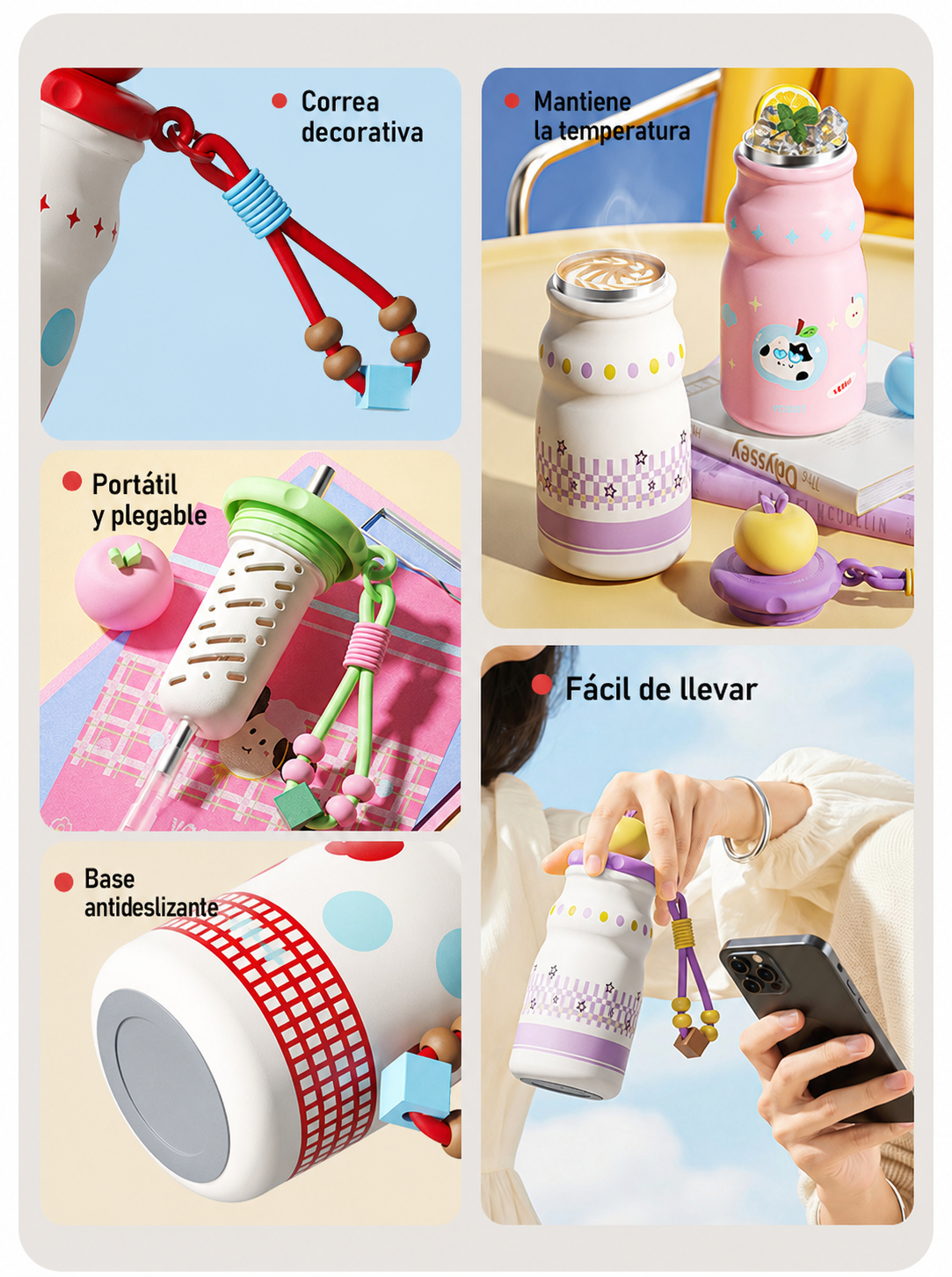 Termo con popote 500 ml acero inoxidable diseños kawaii - 12