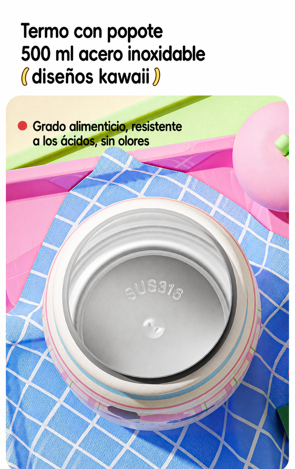 Termo con popote 500 ml acero inoxidable diseños kawaii - 14