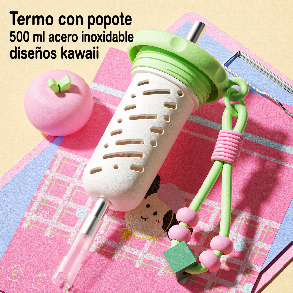 Termo con popote 500 ml acero inoxidable diseños kawaii - 3