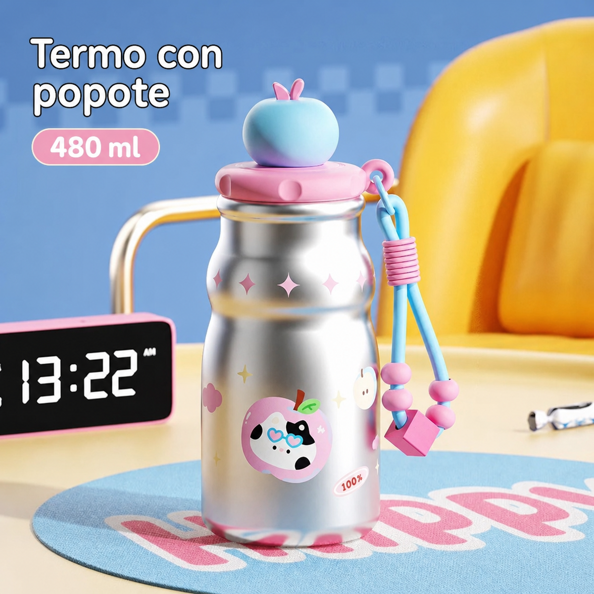 Termo con popote 500 ml acero inoxidable diseños kawaii - 7