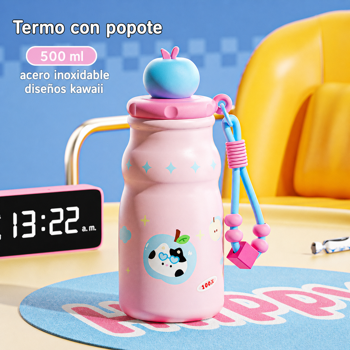 Termo con popote 500 ml acero inoxidable diseños kawaii - 9