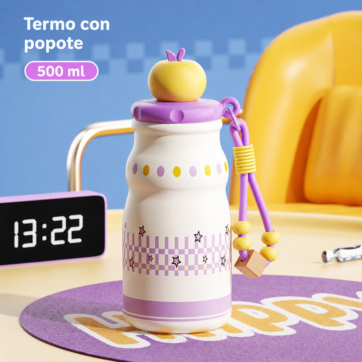 Termo con popote 500 ml acero inoxidable diseños kawaii