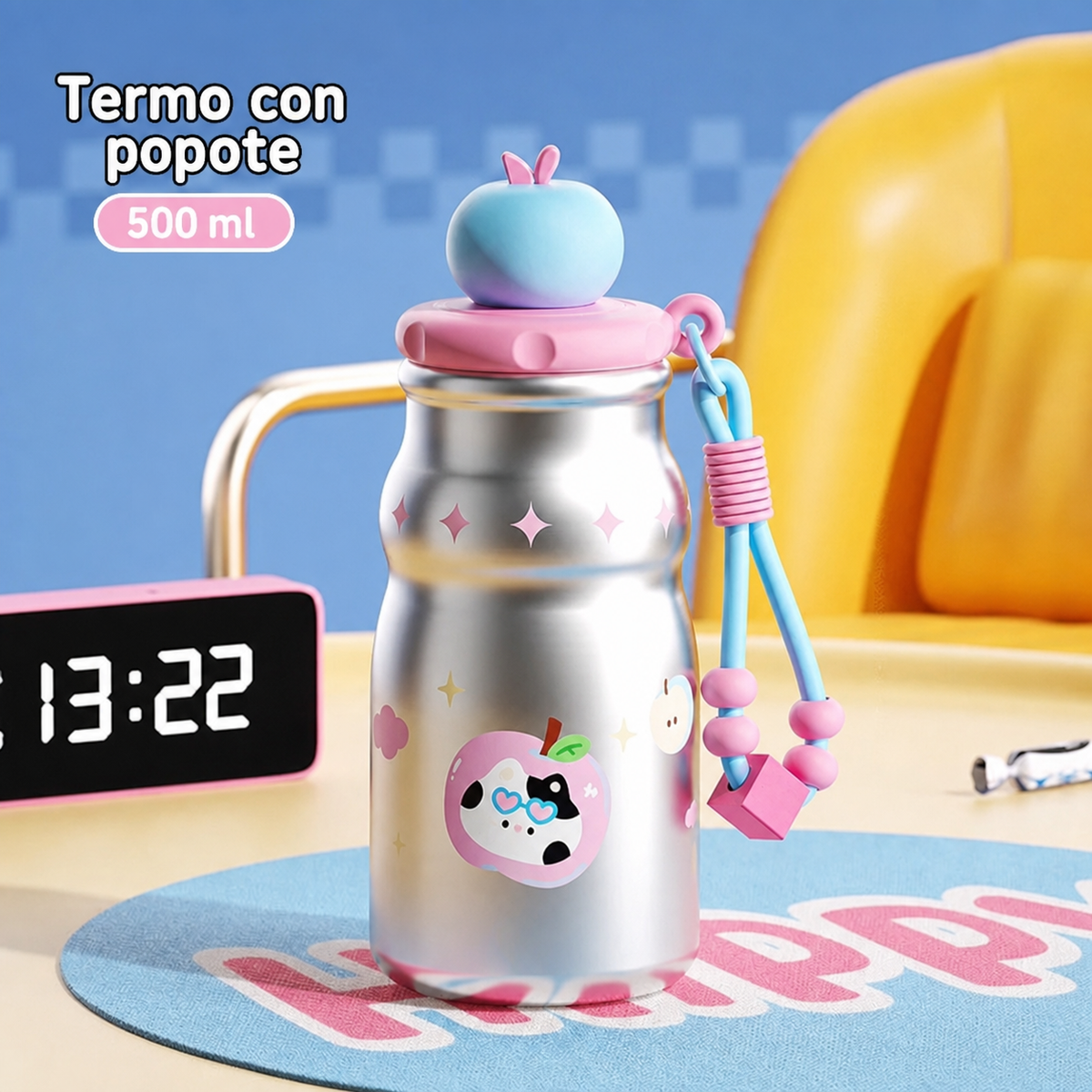 Termo con popote 500 ml acero inoxidable diseños kawaii