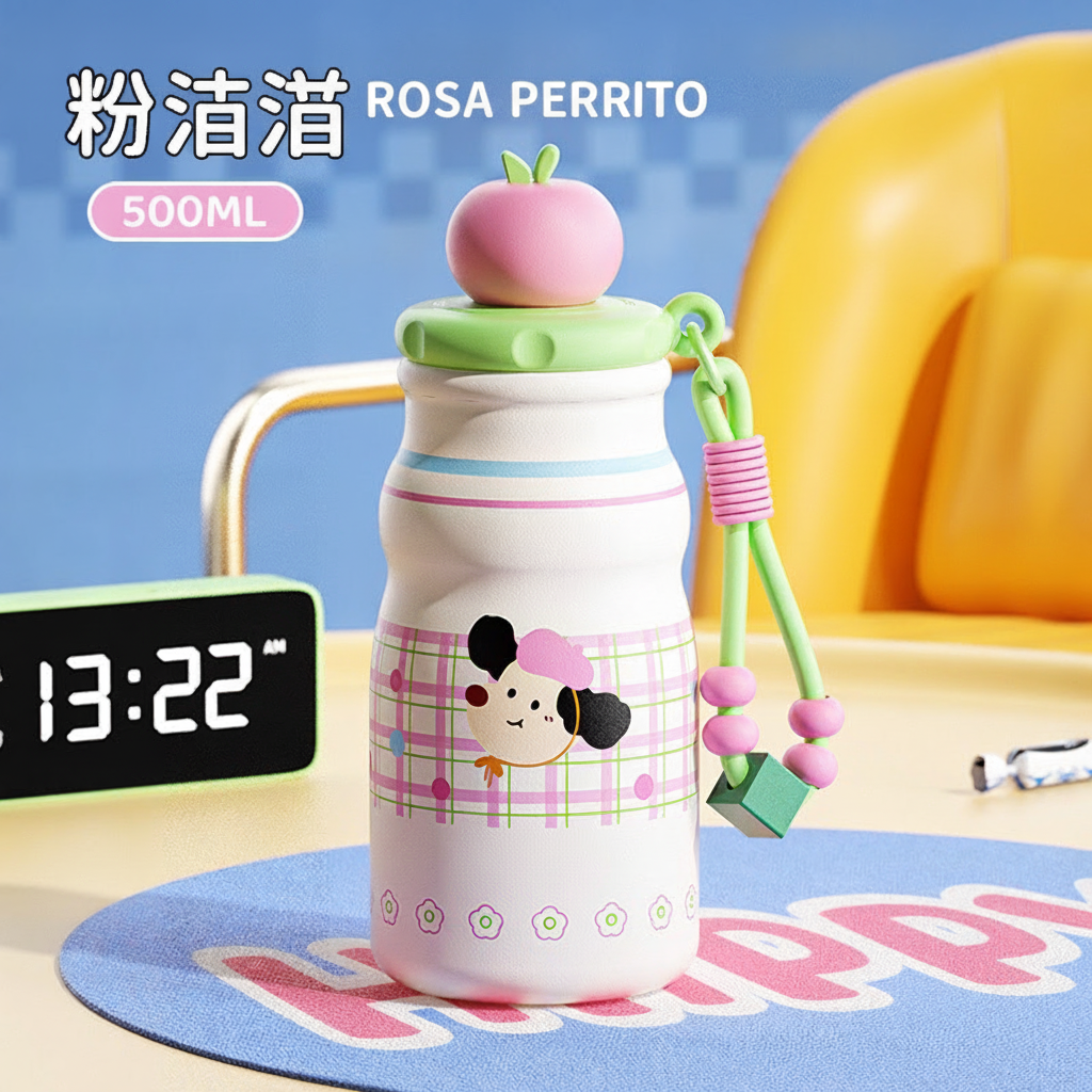 Termo con popote 500 ml acero inoxidable diseños kawaii