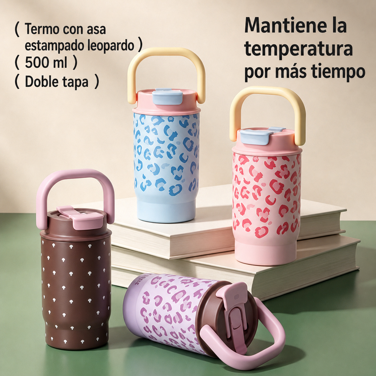 Termo con asa estampado leopardo 500 ml doble tapa - 1