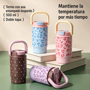 Termo con asa estampado leopardo 500 ml doble tapa - 1