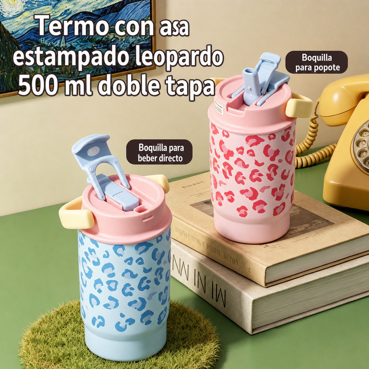 Termo con asa estampado leopardo 500 ml doble tapa - 11