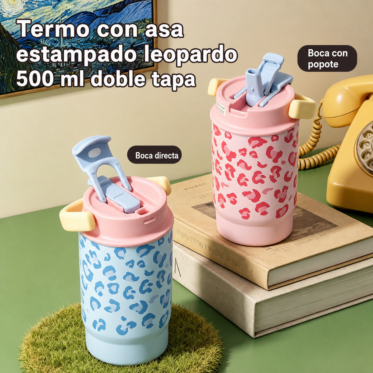 Termo con asa estampado leopardo 500 ml doble tapa - 2