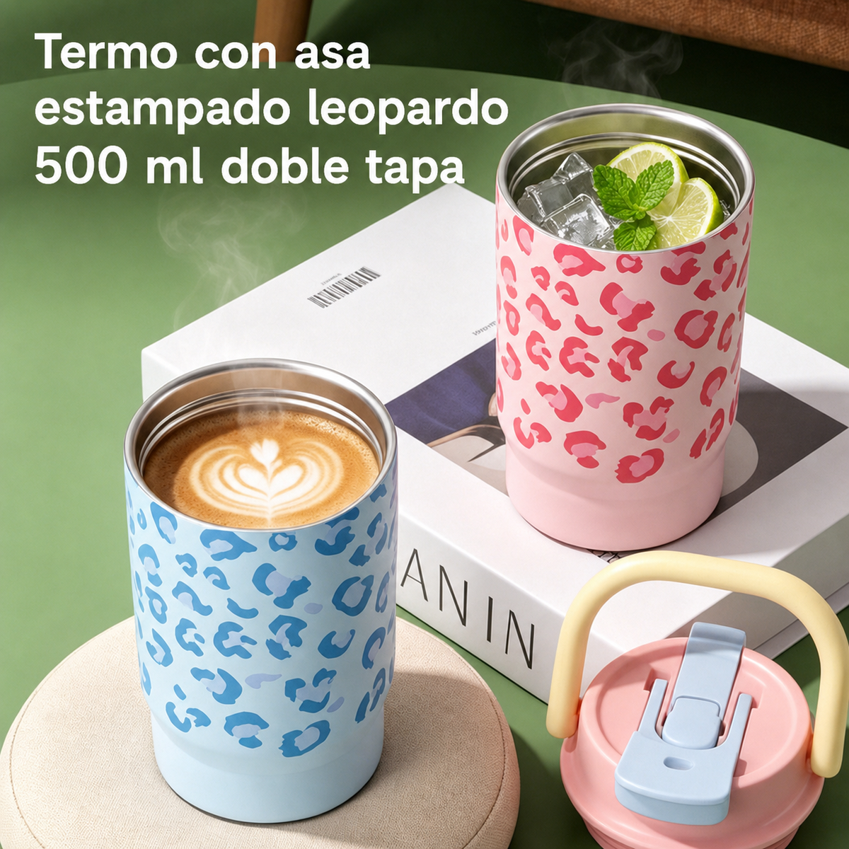 Termo con asa estampado leopardo 500 ml doble tapa - 3