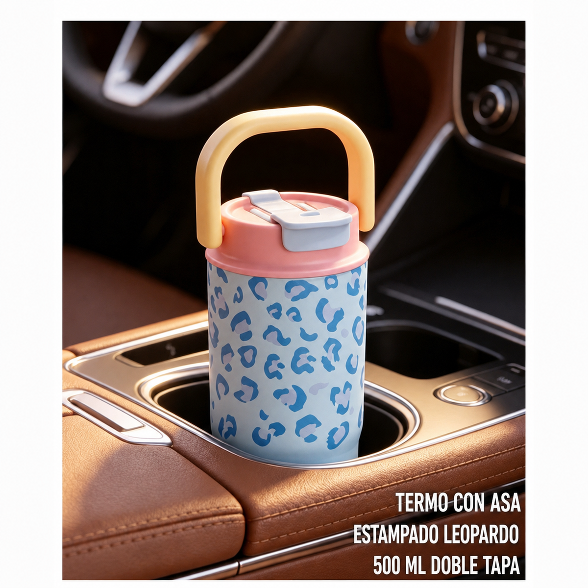 Termo con asa estampado leopardo 500 ml doble tapa - 4
