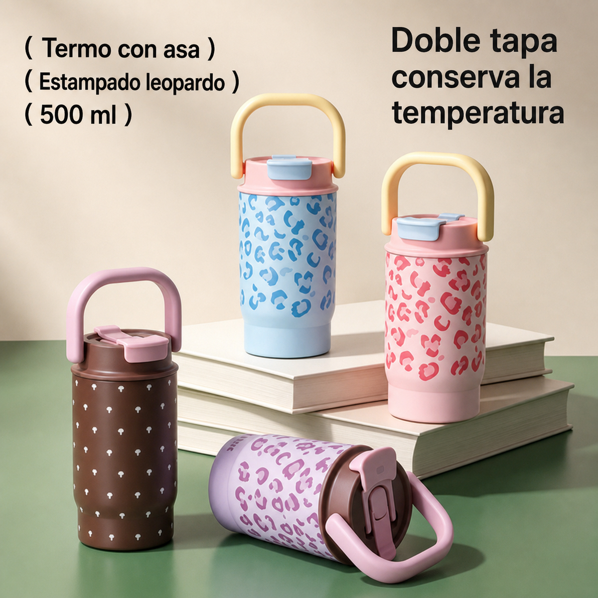 Termo con asa estampado leopardo 500 ml doble tapa - 10