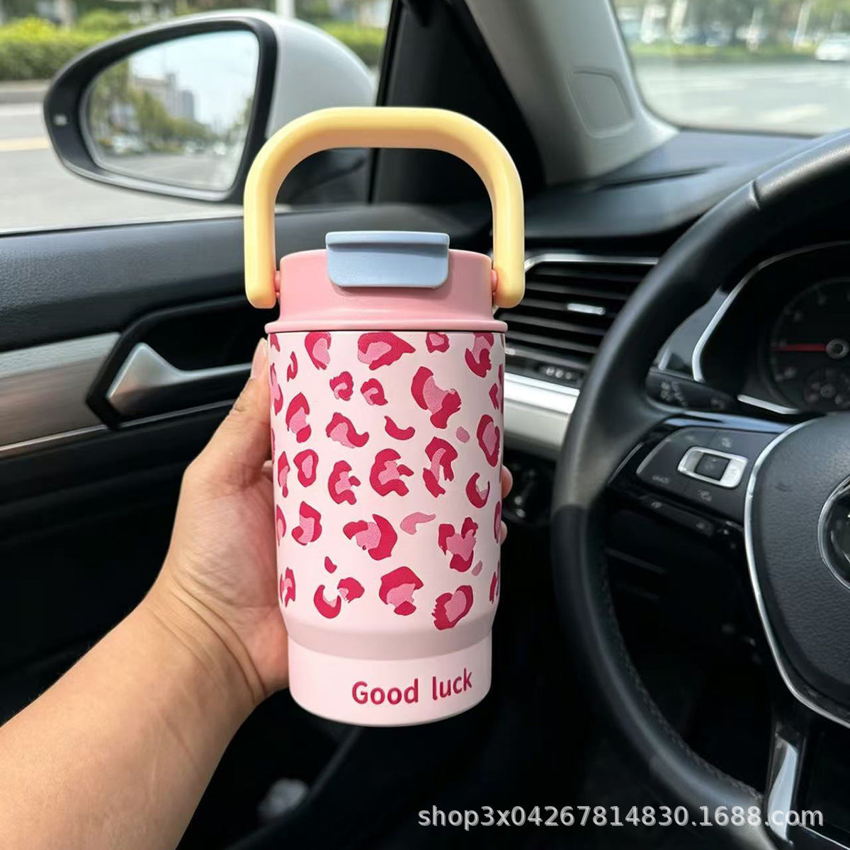 Termo con asa estampado leopardo 500 ml doble tapa