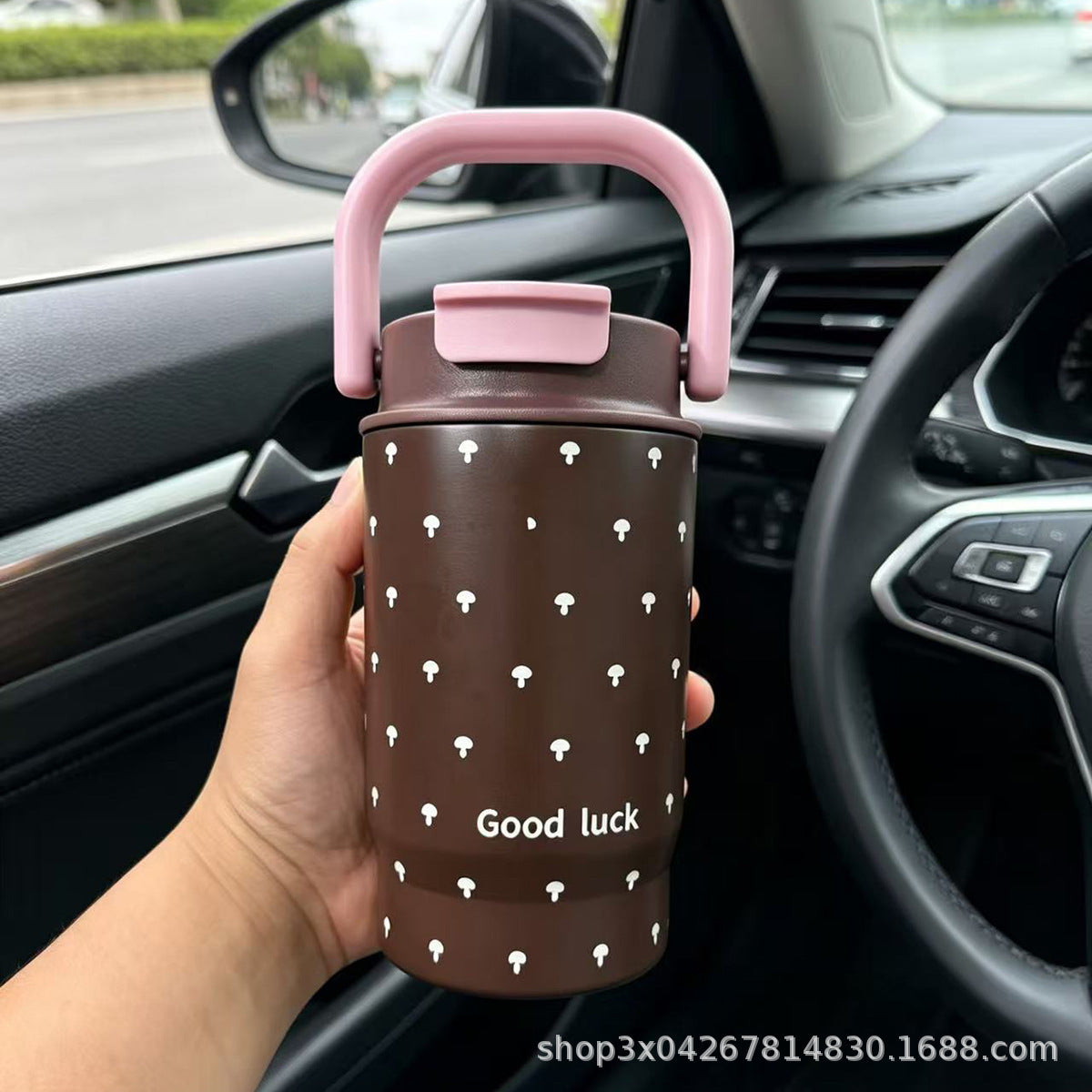 Termo con asa estampado leopardo 500 ml doble tapa