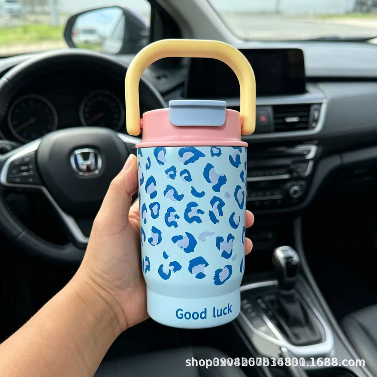 Termo con asa estampado leopardo 500 ml doble tapa