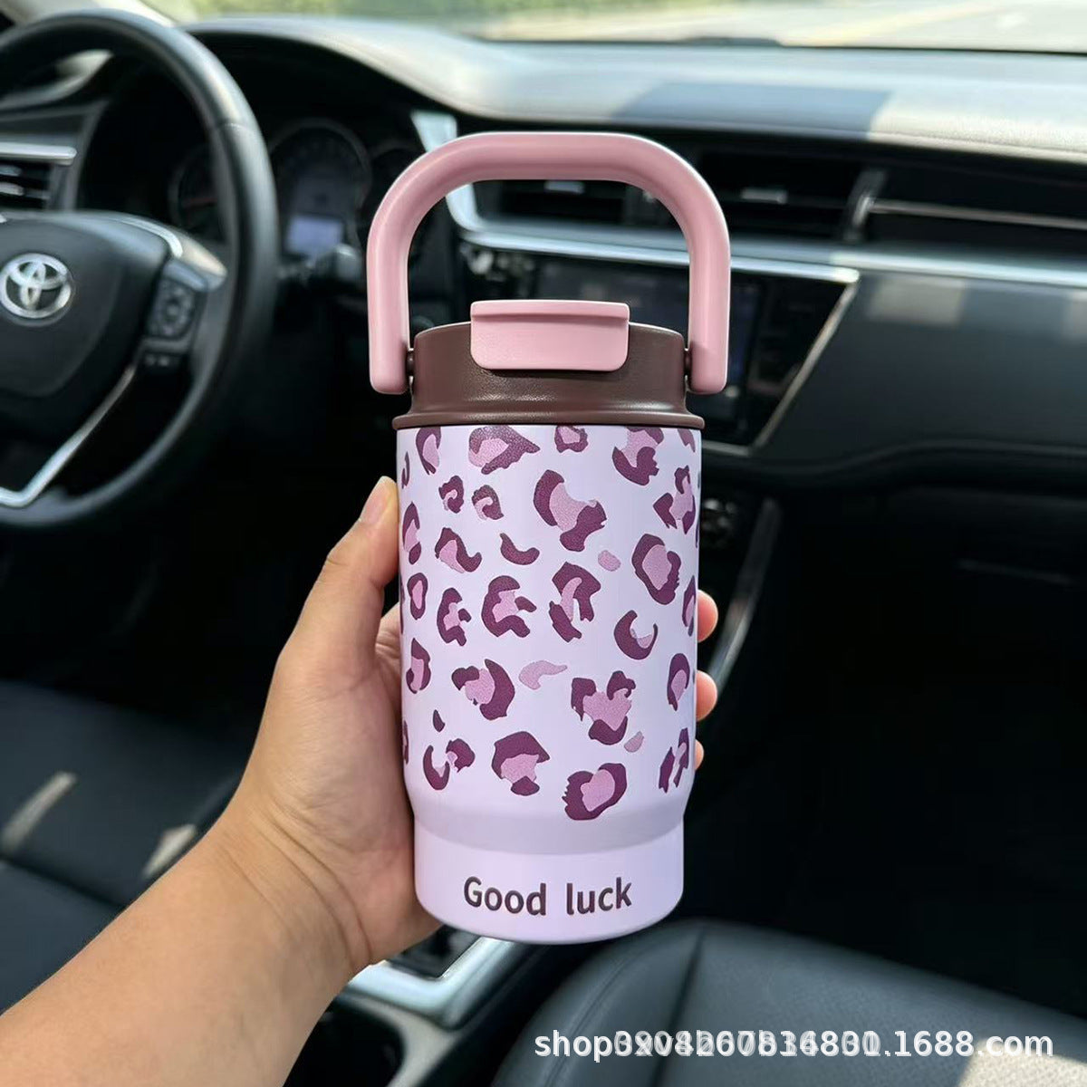 Termo con asa estampado leopardo 500 ml doble tapa