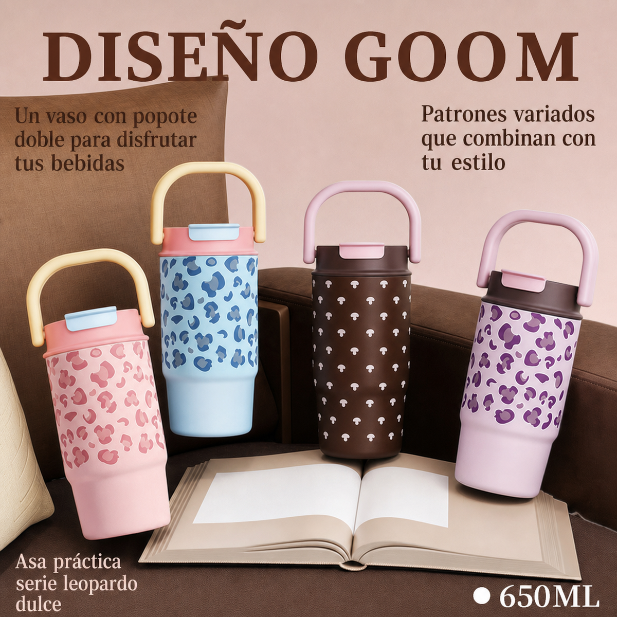 Vaso térmico estampado leopardo con popote 500-650 ml - 2