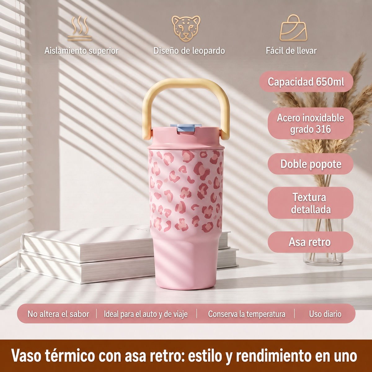 Vaso térmico estampado leopardo con popote 500-650 ml - 3