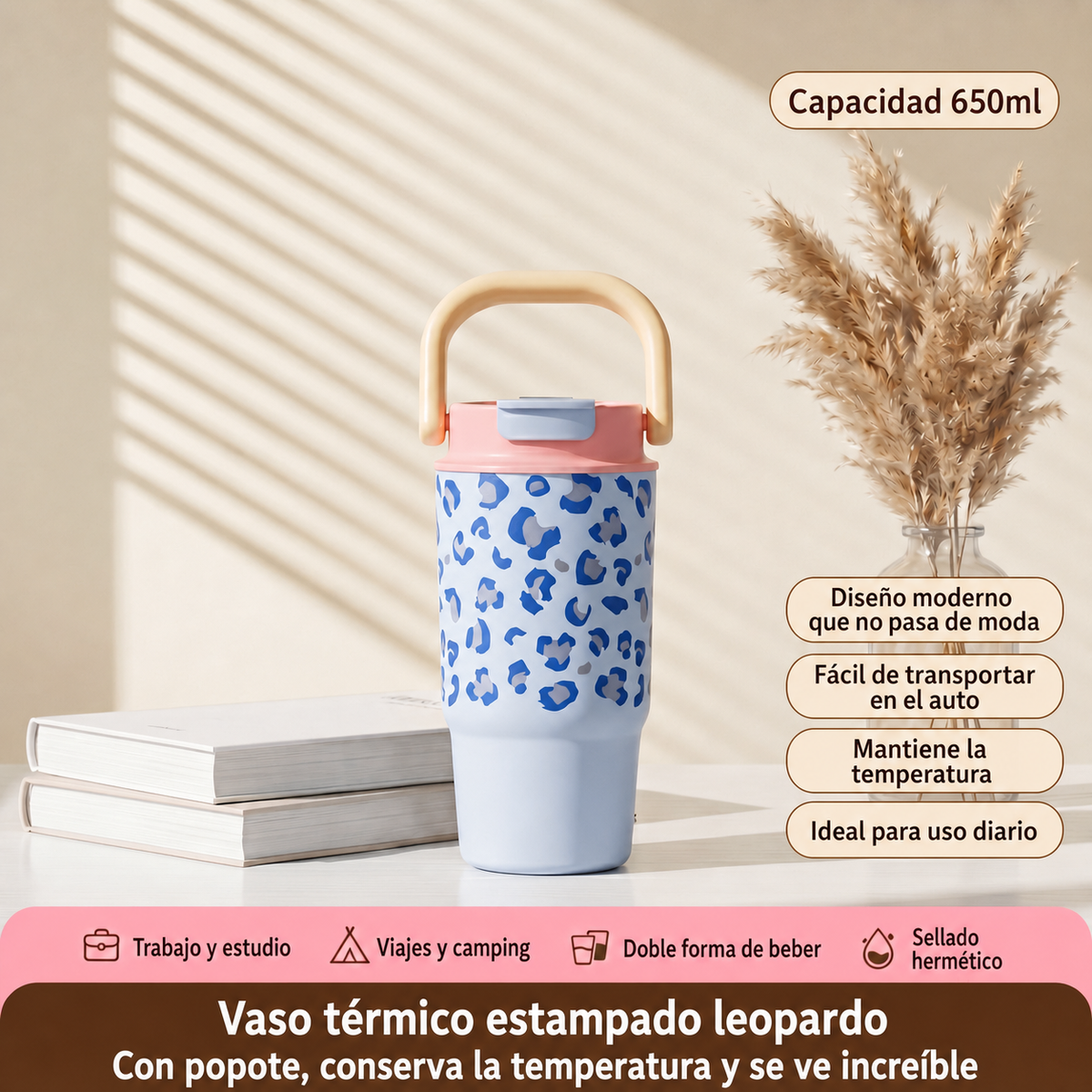 Vaso térmico estampado leopardo con popote 500-650 ml - 9